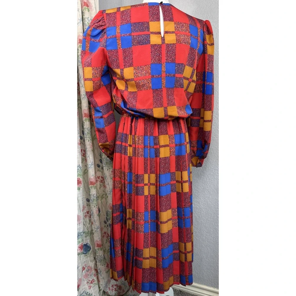 VTG‎ 80s Patchwork Eileen Scott Pleated Secretary Geek Dress USA  Long Sleeve